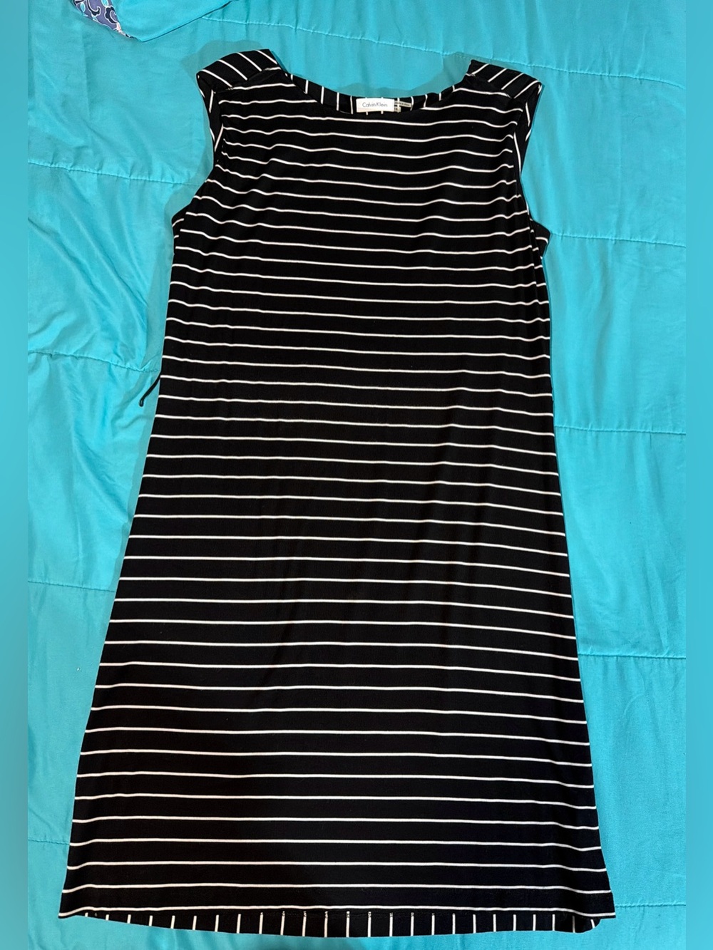 Calvin Klein Black and White Striped Cap-Sleeve Shift Dress